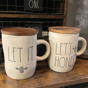 Rae Dunn Cream Mugs with Wooden Lids